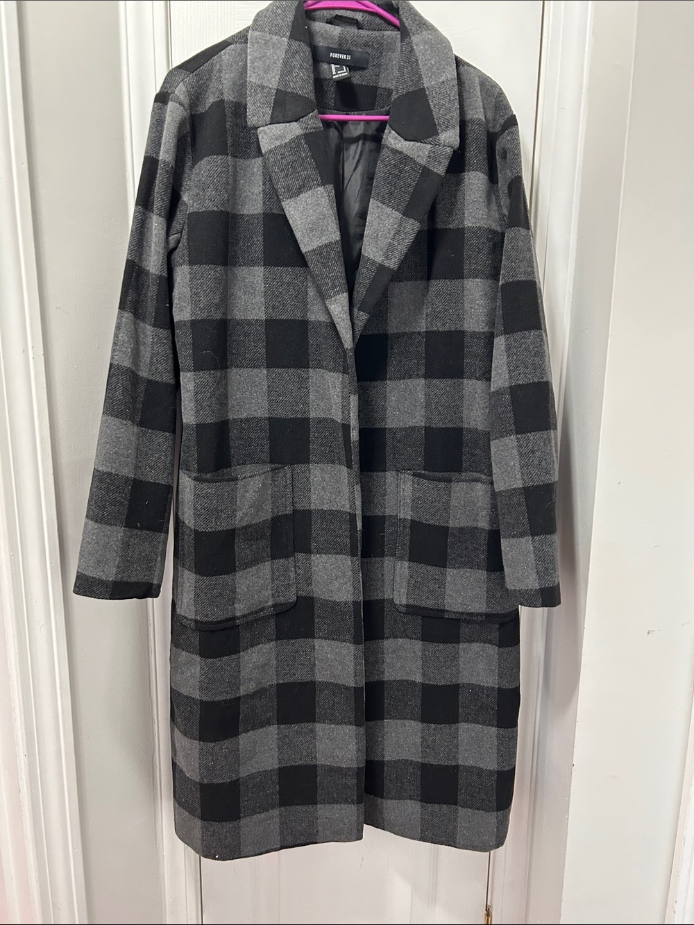 Forever 21 Black & Gray Plaid Wool-Blend Long Coat